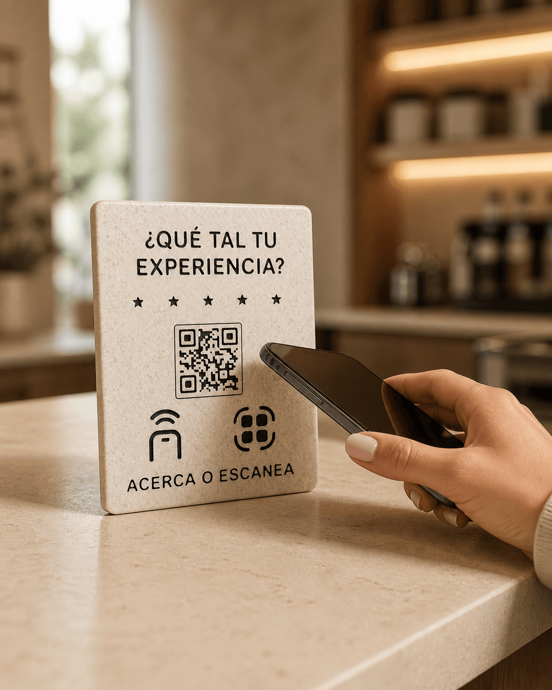 PIQTAP Generic sobre un mostrador mientras una persona acerca el móvil por NFC
